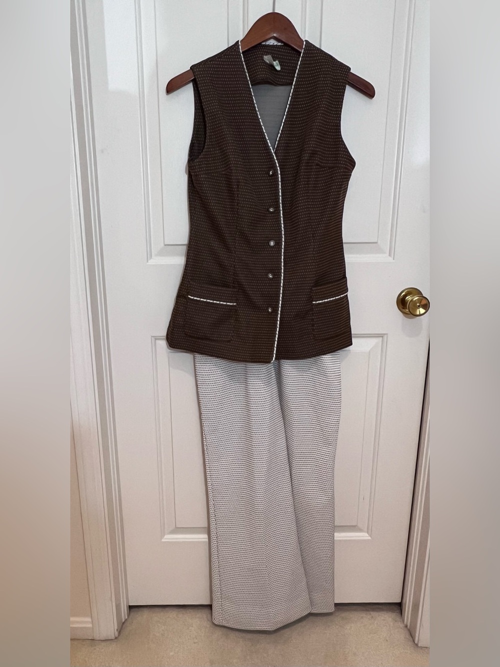 VINTAGE Sleeveless Brown & Cream 2-Piece Wide Leg Pants Set from Palm Springs CA